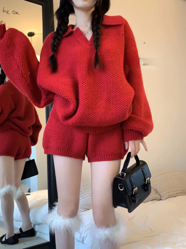 Korobov Lazy Design Solid Color Top New Year Red Sweater Vintage Short Pants Two-piece Set for Women Fashion Conjuntos Cortos