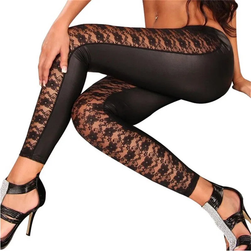 New Womens Sweet Black Rose Vine Sheer Stretchy Floral Lace Leggings Tight Pencil Pants