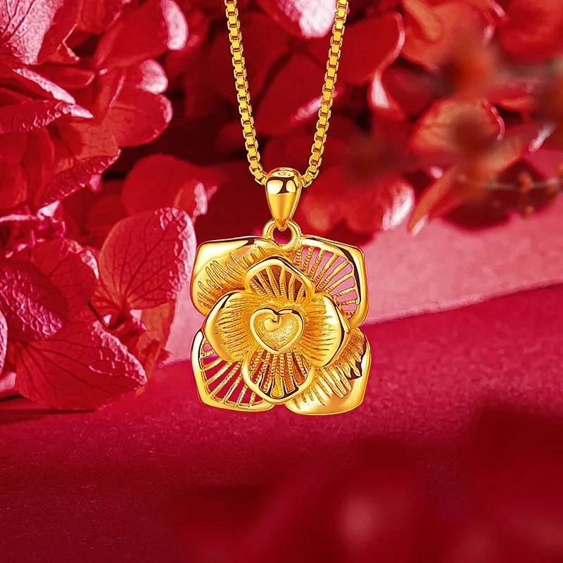 9999 Real Gold 24K Ethnic Style Flower Necklace Niche Love Stamen Four-petaled Flower Collarbone Necklace