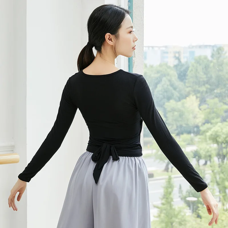 Women's Cotton Spandex Long Sleeve Top V Neck Basic Solid Slim Fit Tee Shirt Wrap Crop Ballet Dance Shrug Blouse Dancer Practice