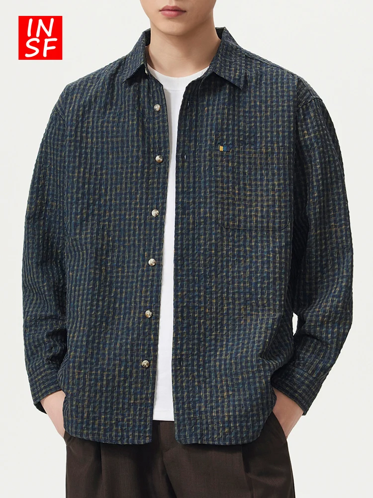 

New Bubble Long Sve irt Men's American Retro Loose Casual Outerwear Lightweight Luxury Match All Leisure irt