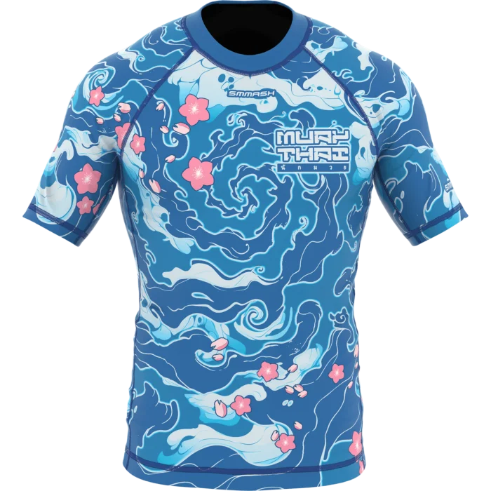 Men Muay Thai Wave Cherry Blossom Print Tee, Milk Silk, Slim Fit, Soft Stretchy, Quick Dry Breathable for Kickboxing Training