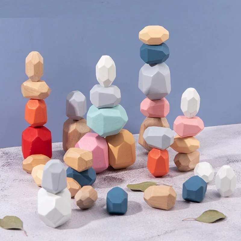 Wooden Stones Montessori Toy Creative Nordic Style Stacking Rainbow Game Set Balancing Building Blocks Wood Toy Gift