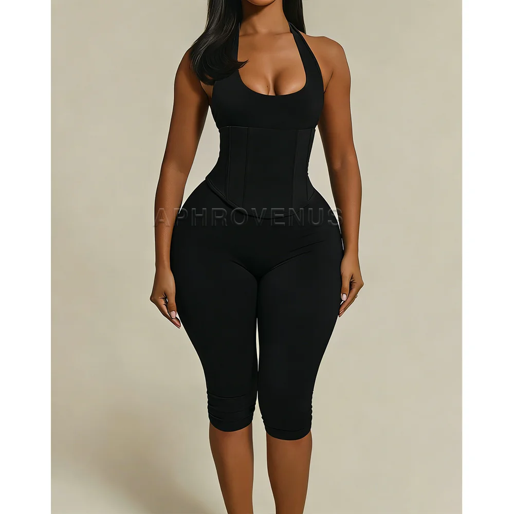 White Black Polka Dot Halter Neck Corset Jumpsuit Lace Up Backless Bodycon Capri Romper High Waist Shapewear Outfits For Party image 3