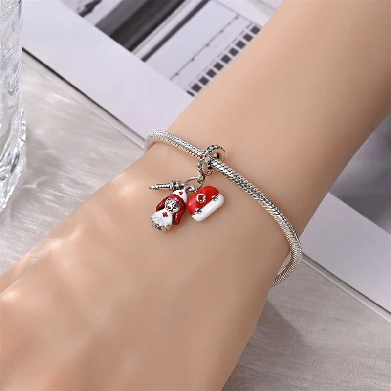 925 Sterling Silver Red Hair Nurse Charms Pendant Fit Original Bracelet DIY Women Party Jewelry Gift