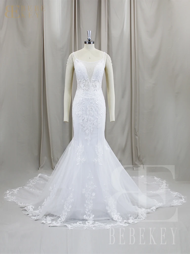 BEBEKEY Customized Luxury Lace Wedding Dress Beaded Appliques Wedding Party Gown Mermaid Bridal Dresses Backless Formal Gowns image 4