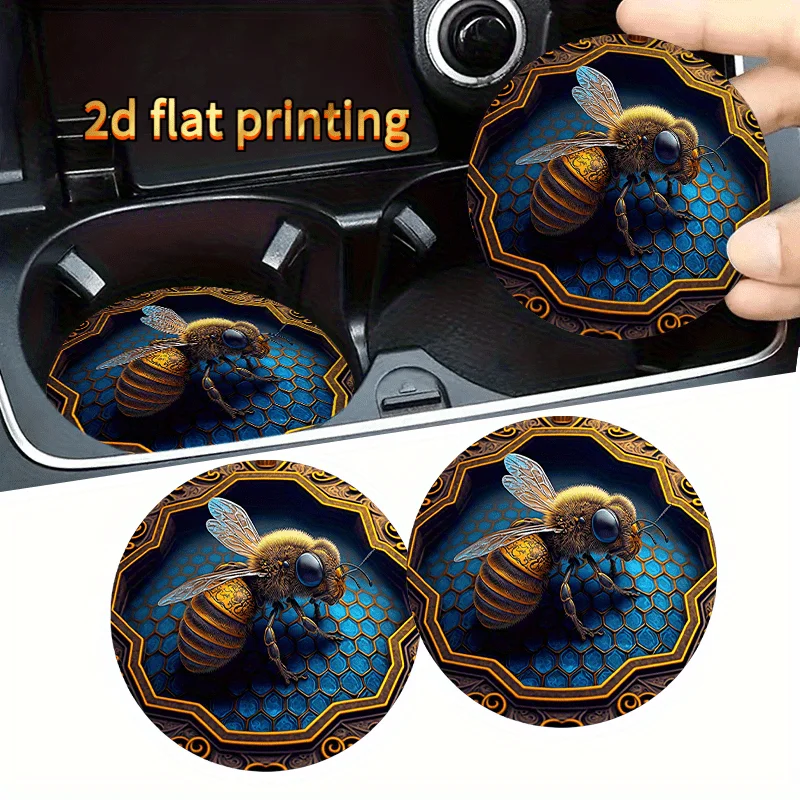 2D Printed Coasters Featuring Two Honeycomb Bee Designs - Hexagonal Honeycomb Patterns With Cute Blue And Golden Bees, Durable C