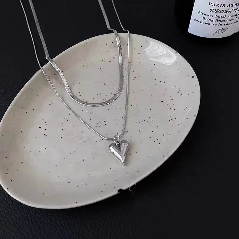 Double Layered Love Heart Pendant Necklace for Women Simple Neck Chain Jewelry image 3