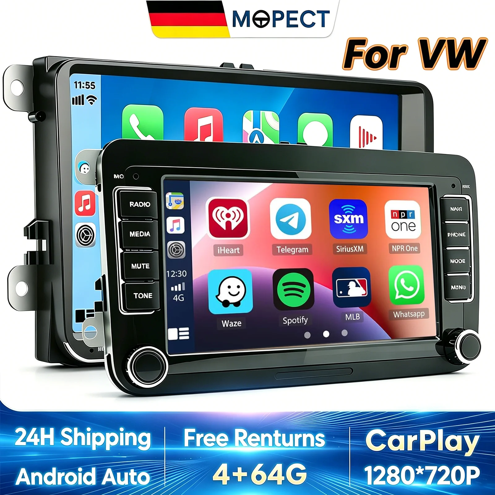MOPECT 7/9 Zoll Android 15 4G+64G Kabelloses Carplay Autoradio für VW Volkswagen Golf 5 6 Passat B6 B7 Polo 6R Touran Tiguan Caddy Jetta T5 Seat Skoda GPS NAVI WIFI RDS FM BT