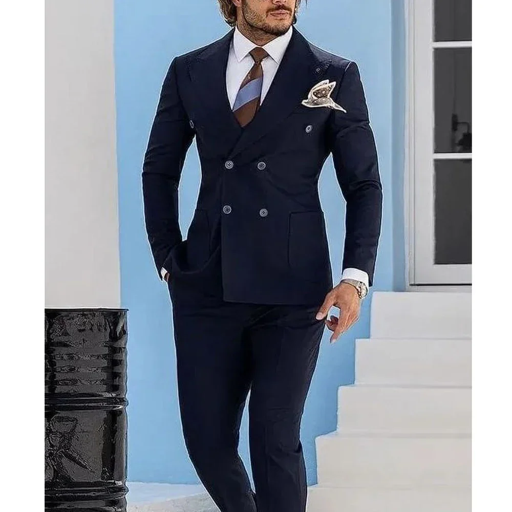 

Formal Solid Suits for Men Navy Blue Chic Business Casual Fashion Wedding Groom Tuxedo 2 Piece (Blazer+Pants) Male Suit Slim