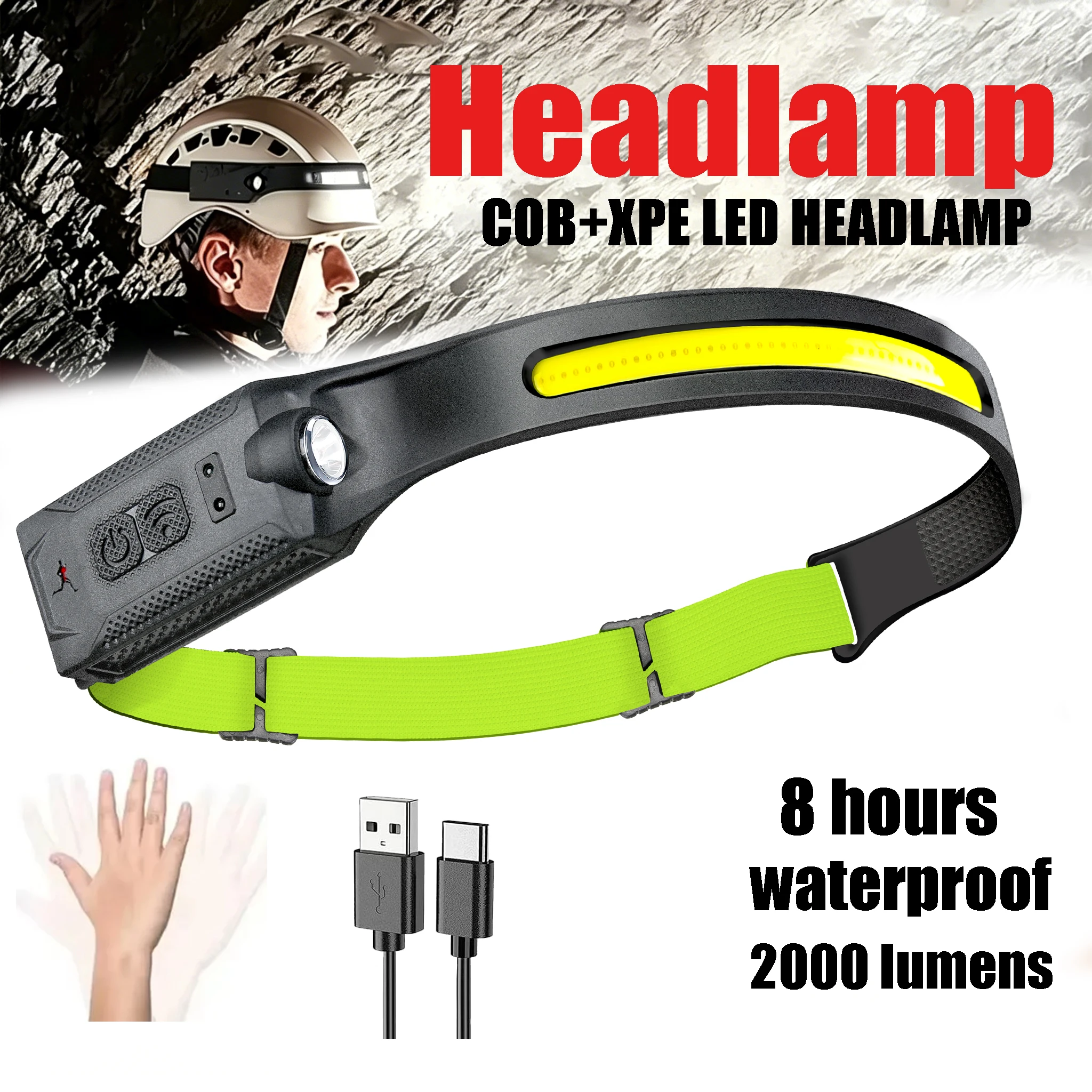 COB Portable Sensor Headlamp Rechargeable 5-modes Lighting Headlight Built in Battery Running Light for Outdoor Emergency Lamp