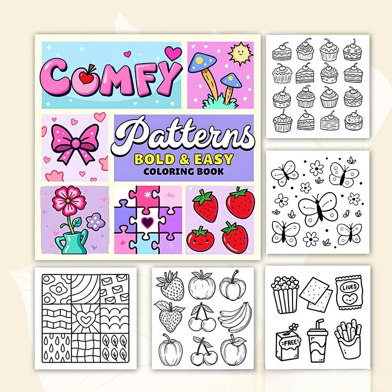 Comfy Patterns Coloring Book Bold Easy Cute Strawberry Bow Floral Mushroom Stress Relief Drawing Book