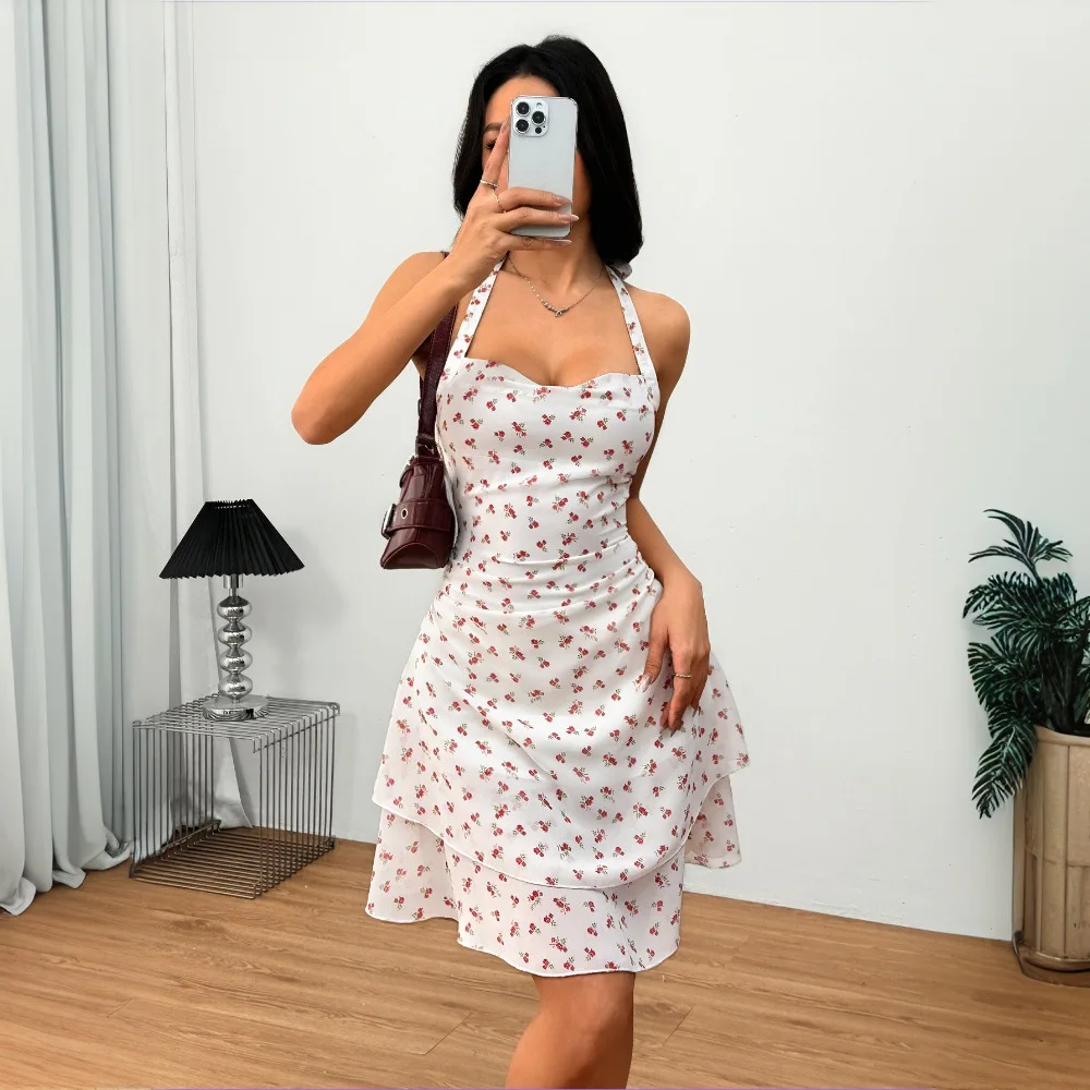 

French Style Halter neck Short Dress Prairie Chic Sleeveless Dress Sweet Style Floral print Gown Summer Outfit Women's Clothing