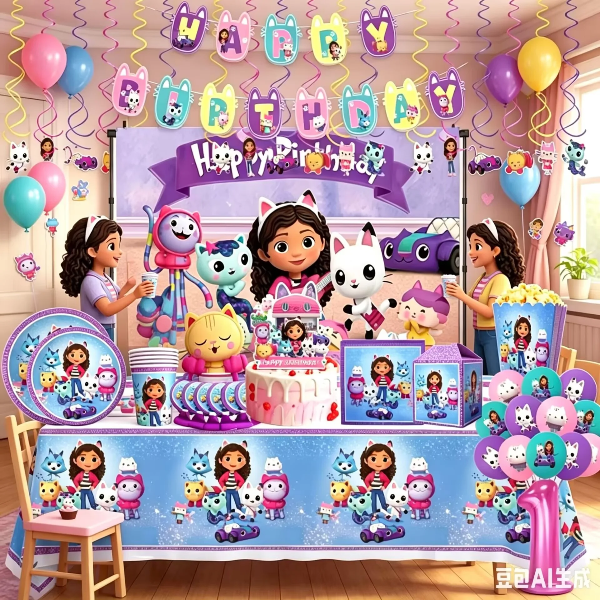 Lila Gabby Dollhouse Mädchen Babyparty Partyzubehör Pappteller Becher Tischdecke Einweggeschirr für Mädchen Geburtstagsdekoration