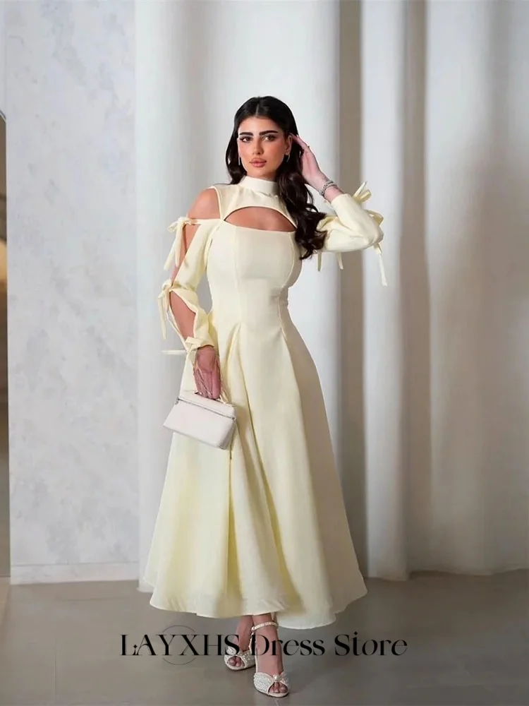 

LAYXHS Fashion Formal Evening Dresses Light Yellow High Neck Bow A-Line Ankle Length Prom Dresses Customized robes de soirée