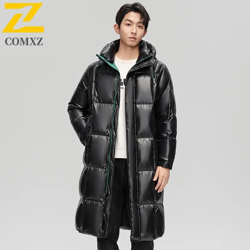 

Comxz High-end Mens Down Jacket 2025 New Winter Fashion Bright Long Waterproof 90% White Duck Down Coat Snow Ski Puffer Parkas