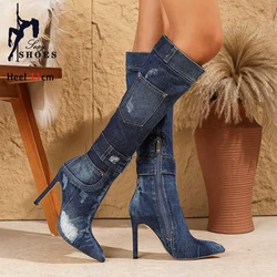 Thin Heel Denim Boots For Women 2024 New Spring Autumn Pointed Toe Jean Shoes Large Size 41 Stiletto High Heels Knee-High Boots