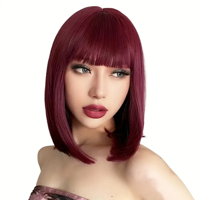 14-inch European and American ladies fashion cold brown short Bob short straight hair wig high temperature resistant fiber wig b