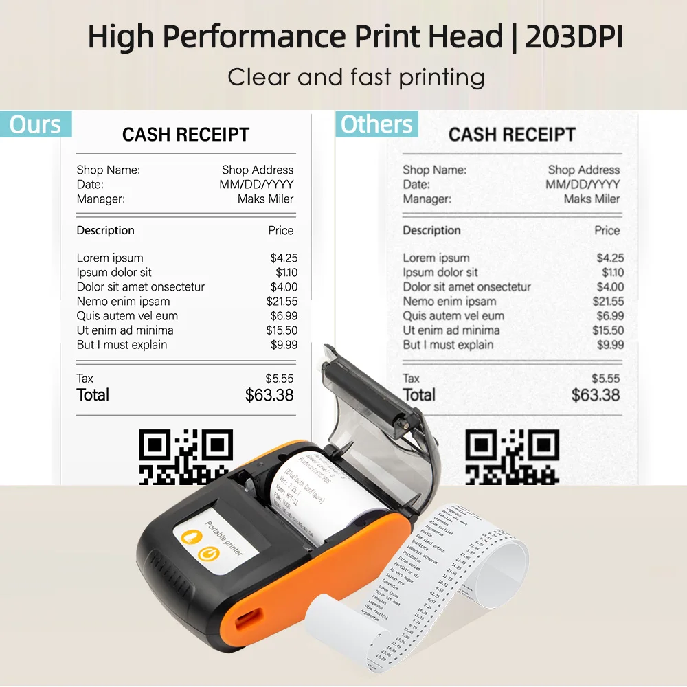 Receipt Printer 58mm Mini Thermal Printing Wireless BT USB Mobile Printer with 2 Inch Thermal Paper Roll for Android/iOS/Windows