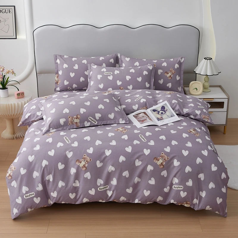 Love Hearts Duvet Cover Cute Bear Printed Cotton Bedding Sets Purple Comforter Cover for Women Men Boys Girls Teens Home Decor