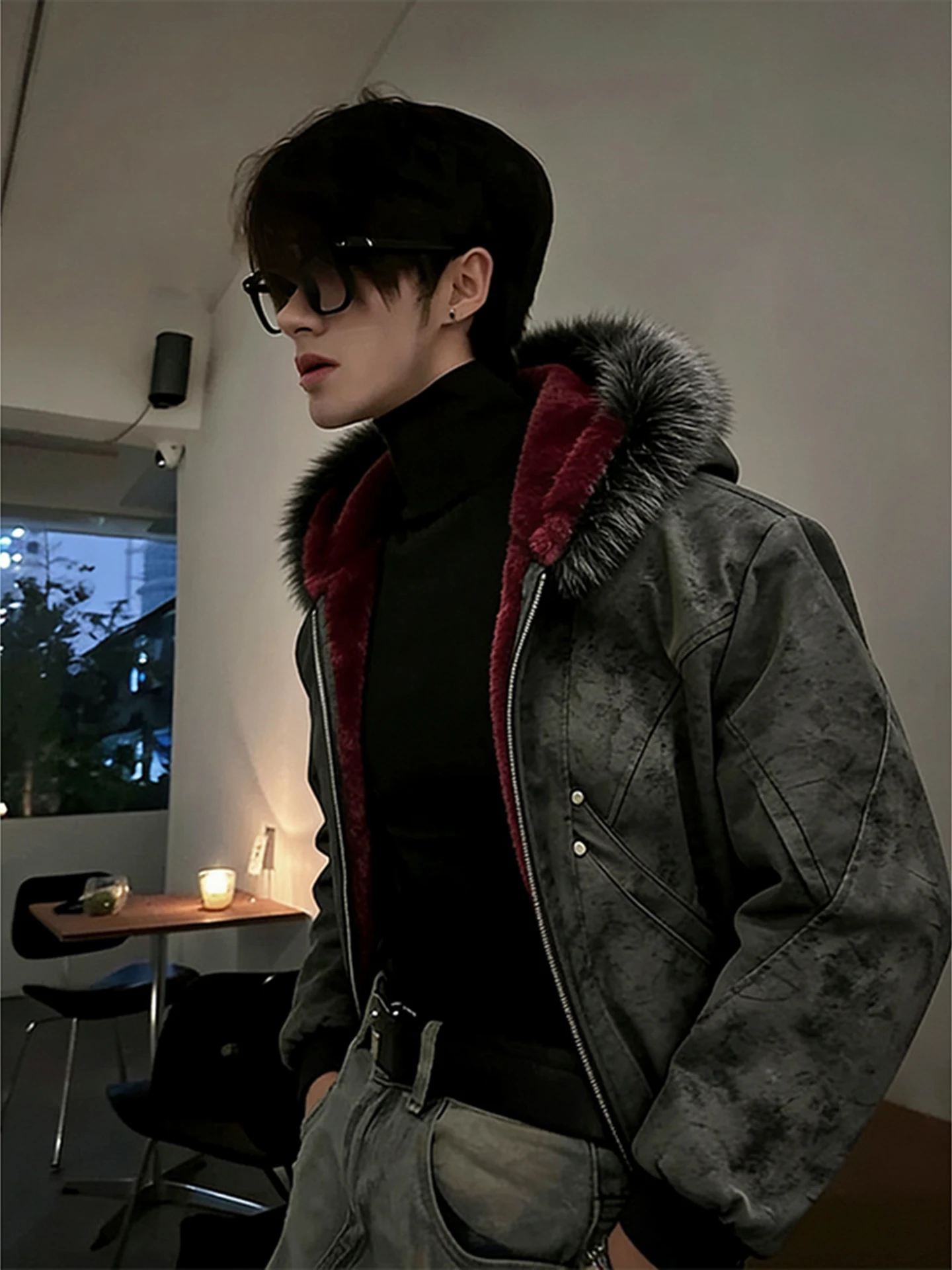 Thickened Fleece Inner Lined Short Cotton Jacket Men's Winter Warm PU Leather Cotton Coat Cleanfit Style Wolf King Design
