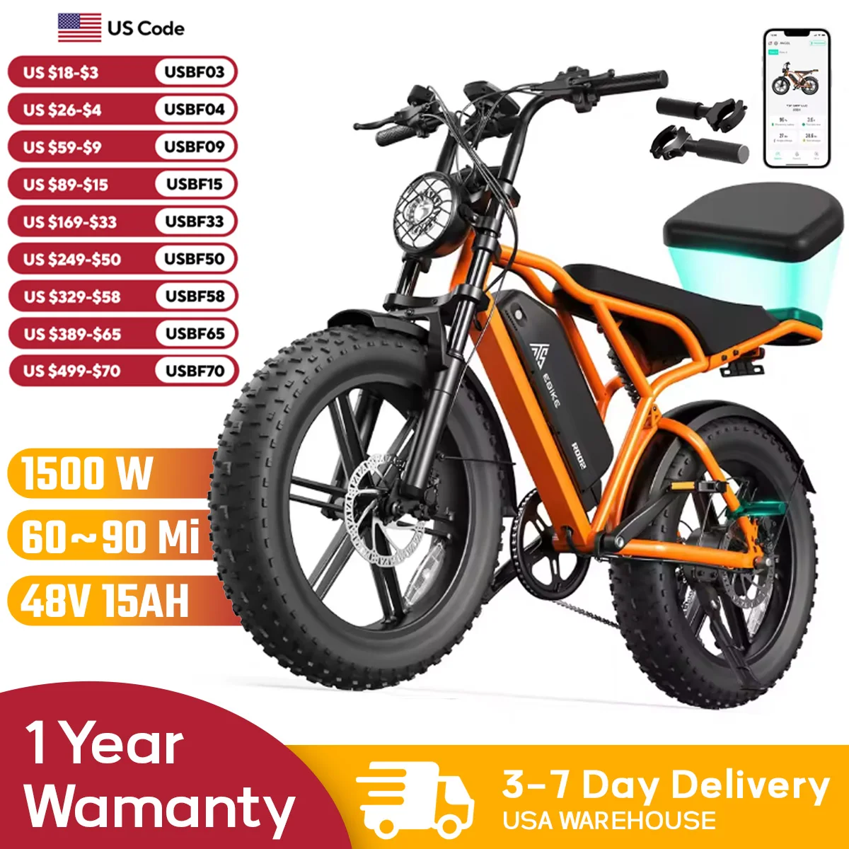 

TST R002S 1500W Electric Bike, 20" fat tires, all-terrain, 60-110 miles range, 28MPH, 48V 15/25Ah battery.