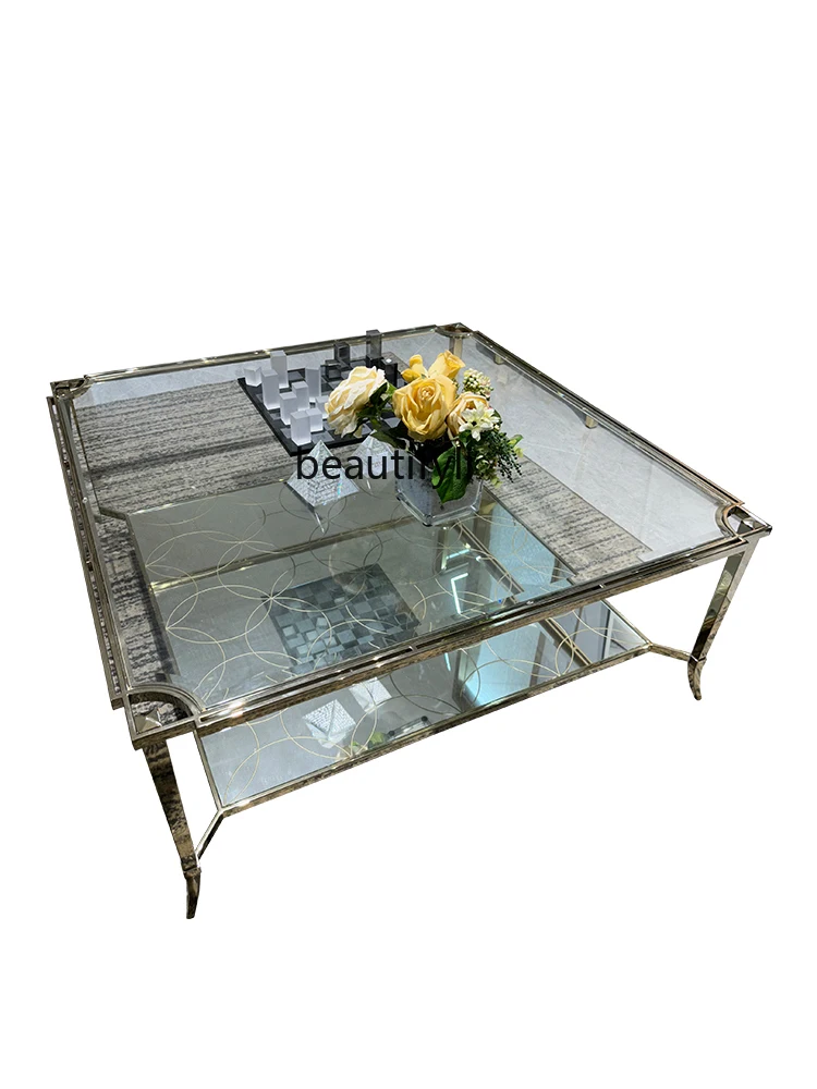 American Glass Square Coffee Table Modern Simple Stainless Steel Short French Entry Lux Square Side Table Coffee Table