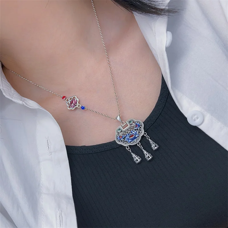 

Sterling Silver Necklace Pendant S925 For Woman Female Girl Retro Style Enamel Original Manual Popular Fashion Boutique Jewelry