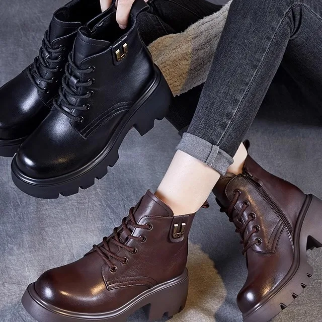 

Women's Boots High Tubc Thick Bottom Fur Lined Top Layer Cowhide Short Boots round Toe High Heel Rubber Sole