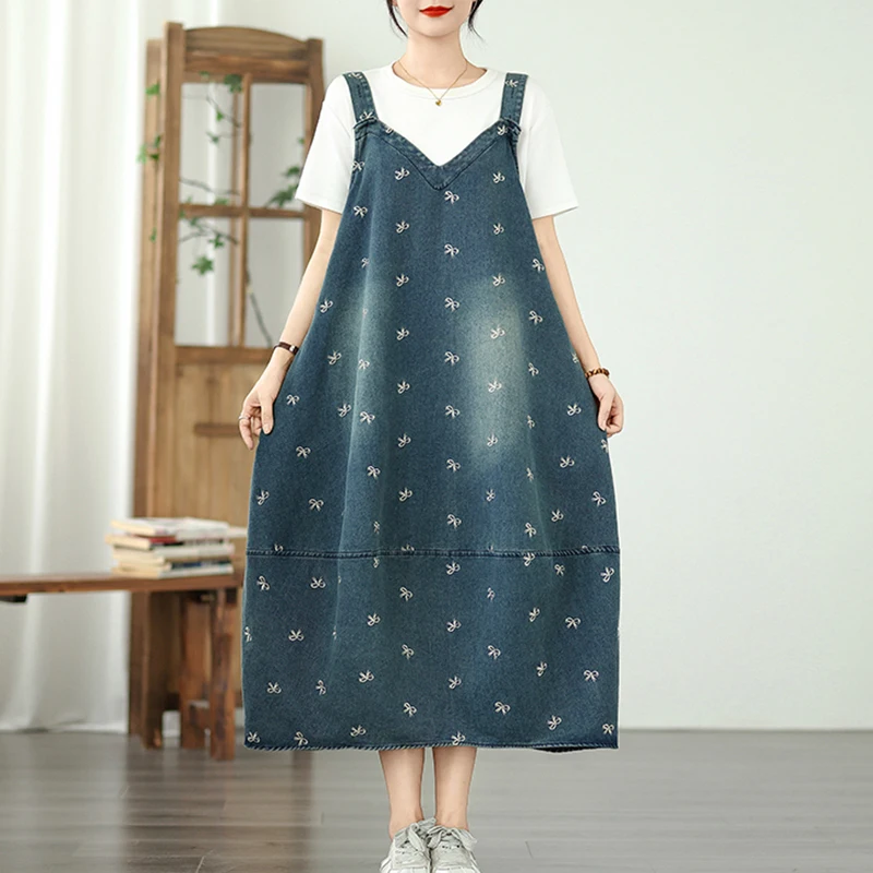 Robe en jean à bretelles pour femmes, sans manches, col en V, ample, décontractée, surdimensionnée, Y2K, Harajuku, avec nœud brodé, poche, robe mi-longue