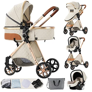 Luxus-Kinderwagen 3-in-1 mit Autositz, Neugeborenen-Sicherheitsgurt mit fünf Punkten, Vierrad-Kinderwagen, stoßdämpfend, faltbar, für Flugreisen und lange Fahrten, mit explosionsgeschützten EVA-Rädern