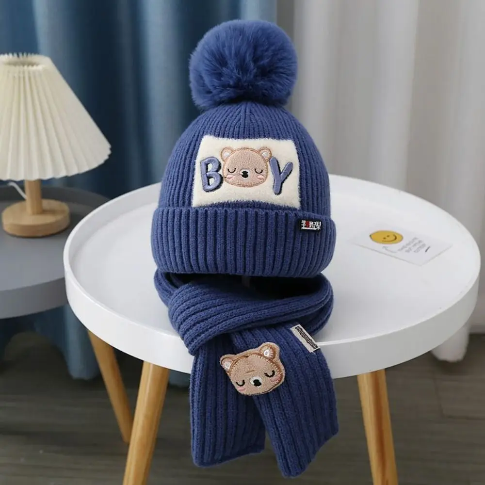 Autumn Bear Baby Hat Scarf Set Solid Color Neck Scarf Kids Crochet Hat Korean Style Children's Ear Protection Hat Girls