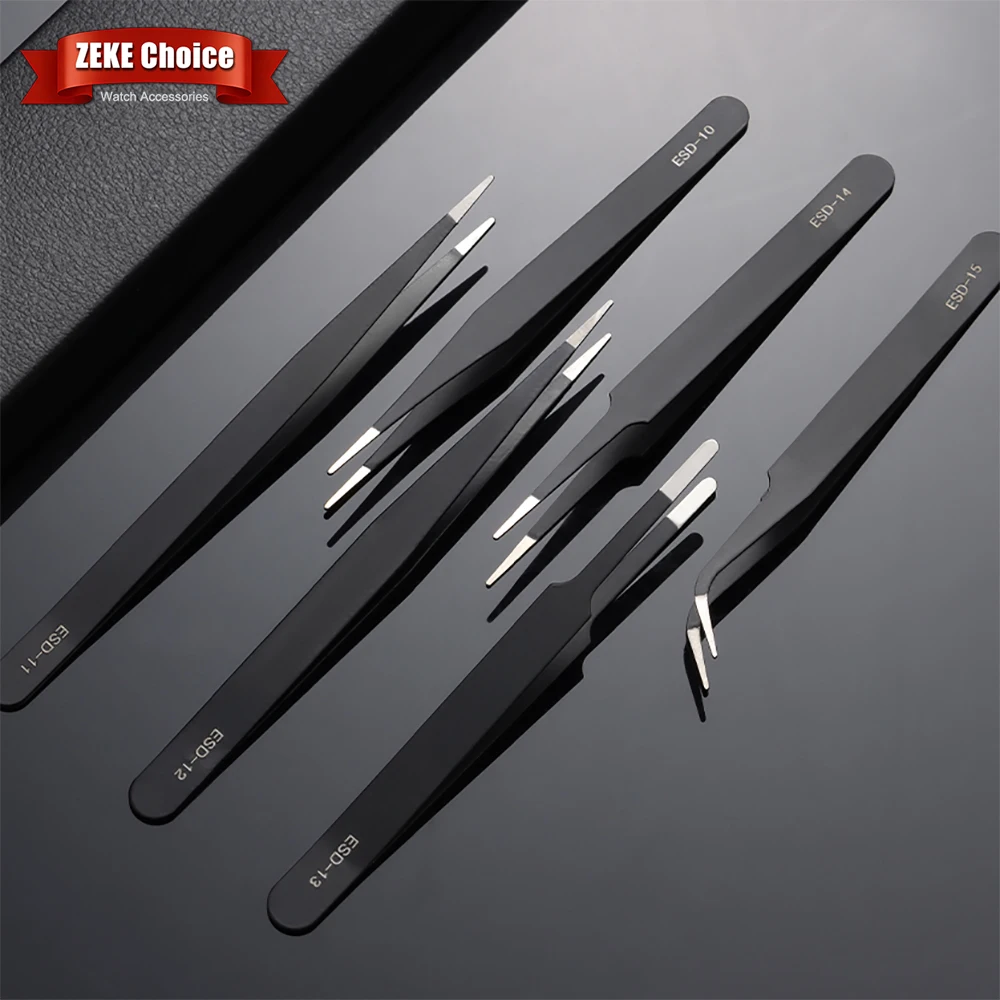 

6pcs Anti-Static Stainless Steel Tweezers Precision Maintenance Industrial Repair Tool Watchmaker Curved Model Making Hand Tool