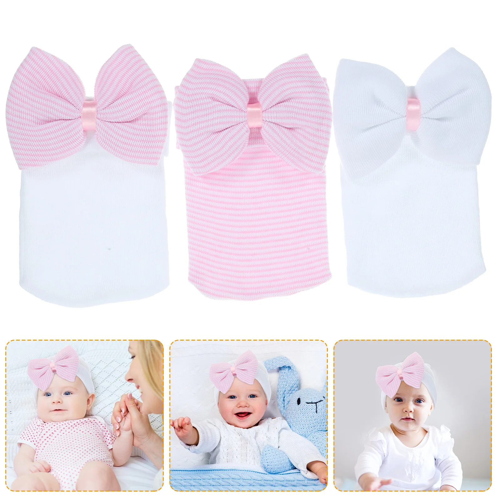 

3Pcs Infant Baby Caps Newborn Elastic Bowknot Hats Soft Breathable Baby Headwear for Girls Boys Newborn Hats Infant Cap
