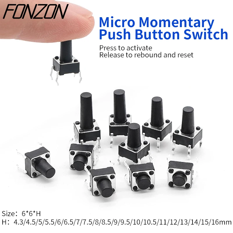 10Pcs Micro 4Pin Push Button Switch Mini Momentary Tactile Switch for Mouse Remote Control Circuit 6×6*4.3/4.5/5/5.5/6/6.5-16mm