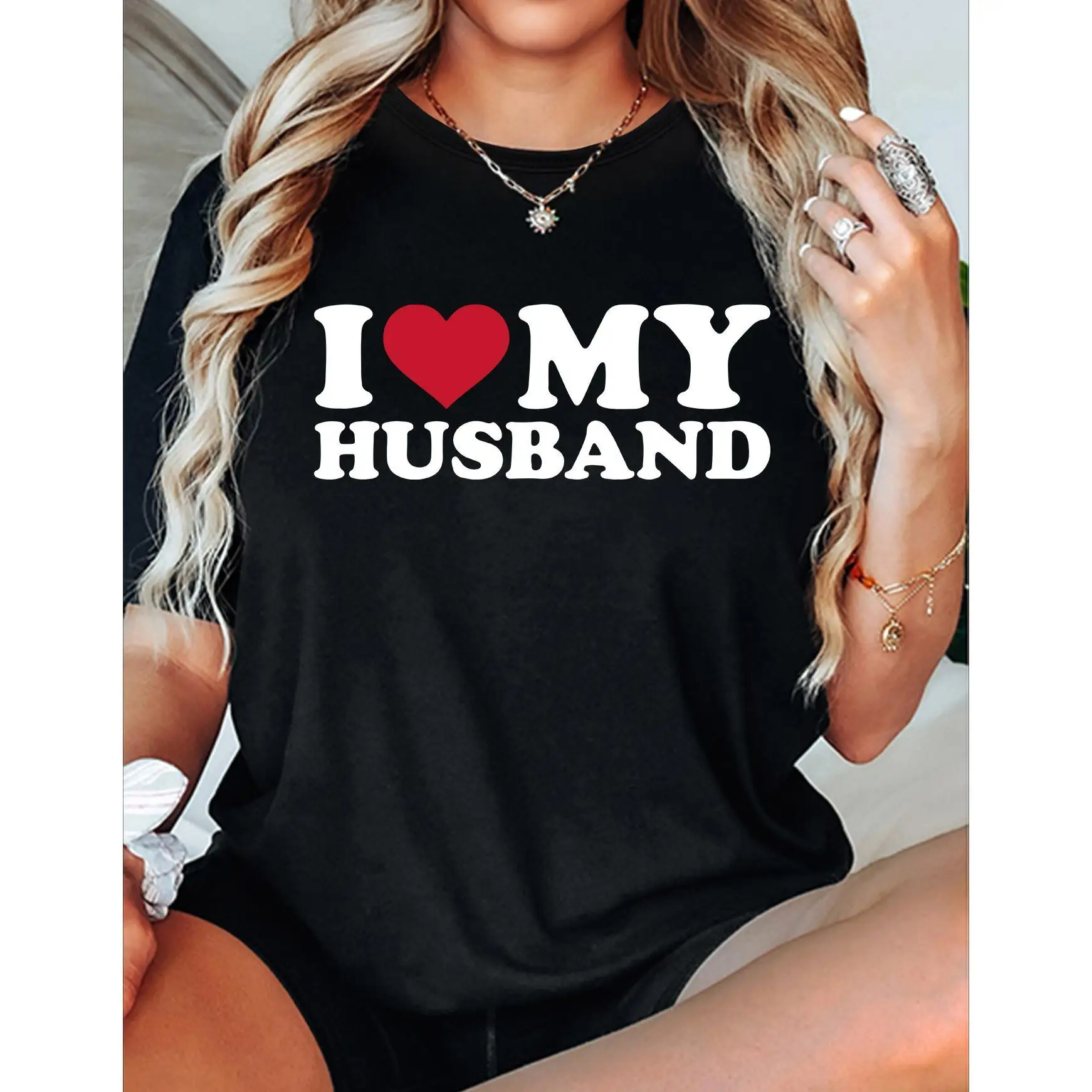 

I LOVE MY HUSBANAND Slogan Print Comfy T-Shirt, Round Neck Short Sleeve Sports Tee, Women'S Activewear