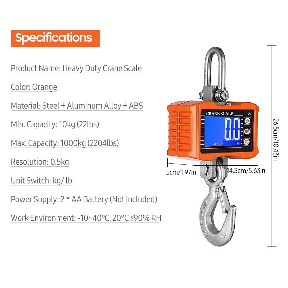 Цифровые подвесные весы 1000 кг, сверхмощные крановые весы с ЖК-подсветкой, промышленные крючковые весы, смена блока/держание данных/таблера/зонда