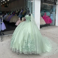 ANGELSBRIDEP Sage Green Quinceanera Dresses With Cape Wrap Sweet 16 Dresses Ball Gown 3D Lace Applique Tulle Birthday Gowns NEW