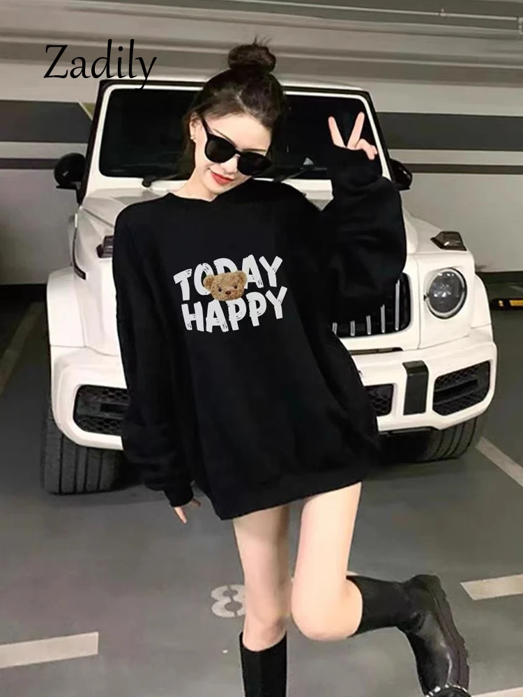 2024 Autumn Casual Long Sleeve Women Y2K Hoodies Korea Style Bear Printing Loose Woman Pullover Casual O Neck Sweatshirt