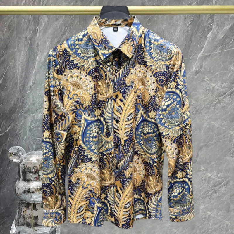 

High Quality Paisley Print Shirt Men Party Gold Printing Shirt Flower Shirt Men Camisa Hombre Street Long Sleeve Shirt For Men