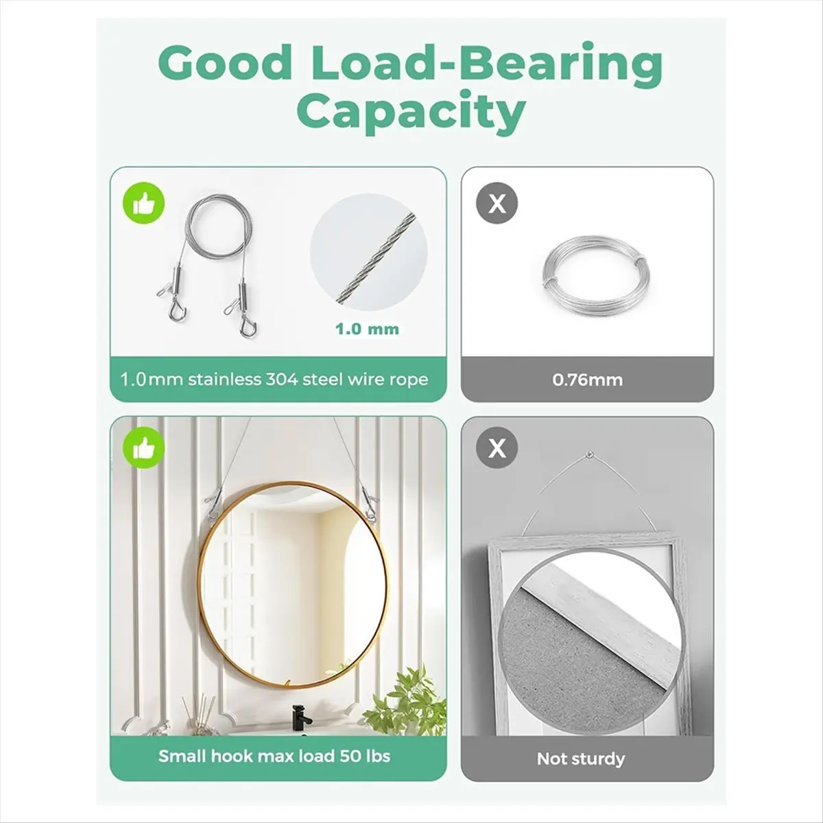 AA700~Adjustable Picture Hanging Wire and D Rings, with Small Clips, 8pcs 3-Hole D Rings with Screws, for Mirror/ Frame