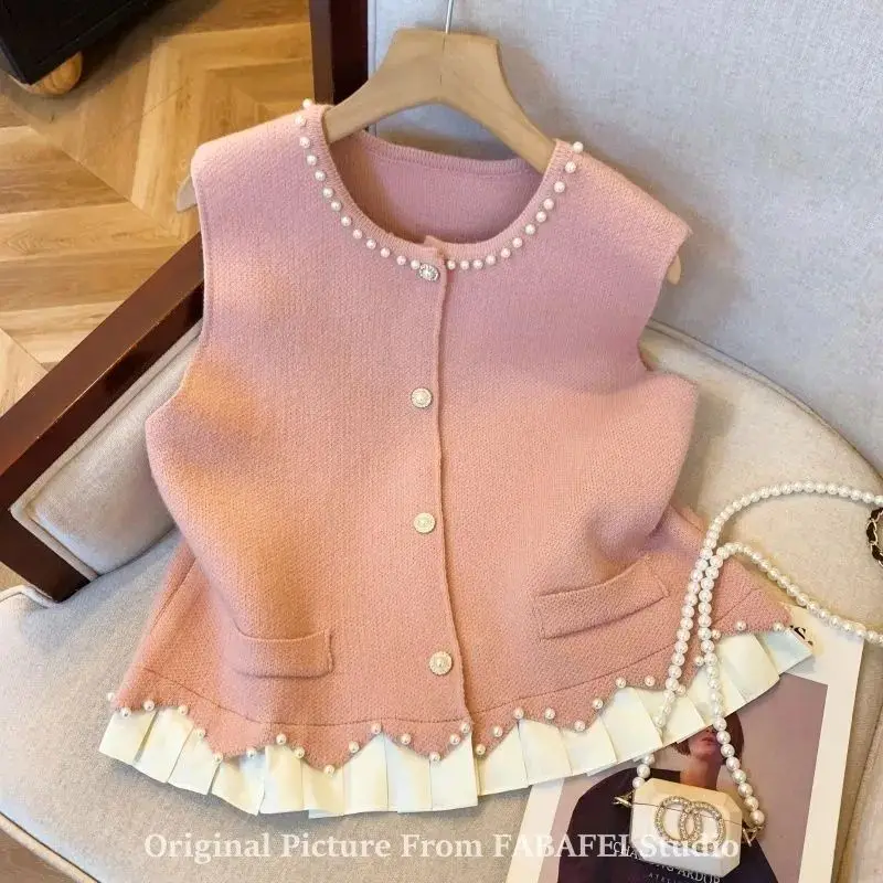 

Button Sleeveless Patchwork Korean Vest Spring Autumn New Youth Solid All-match O-neck Sweet Tops Fashion Elegant Women Clothing