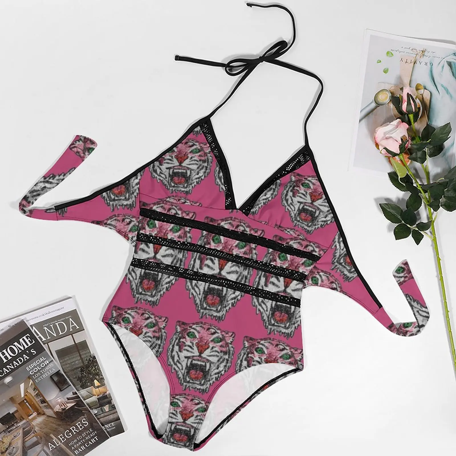 Sequin Tiger Head Deep V-Neck Halter One-Piece Swimsuit Ladies Monokini Beach Bathing Suits Swimwear Tiger Go Tigers Pink Tiger image 4