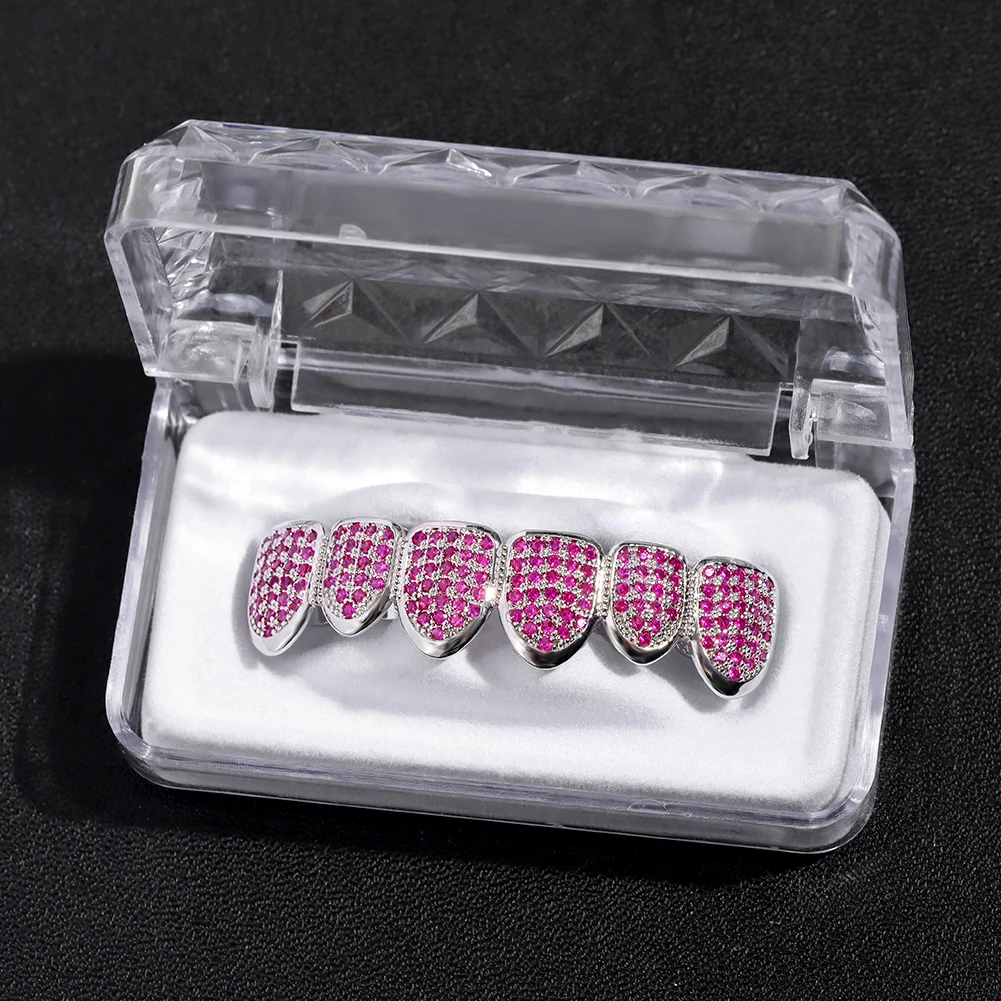 Iced Out Pink Zircon Teeth Grillz For Men Women Top Bottom Micro Pave CZ Stone Teeth Grills Set Dental Fashion Jewelry With Box