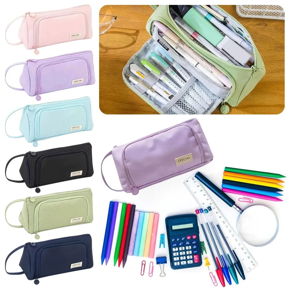 Portable Pencil Case Large Capacity Solid Color Stationery Pouch with Handle Multilayer Pen Box School Office Supplies