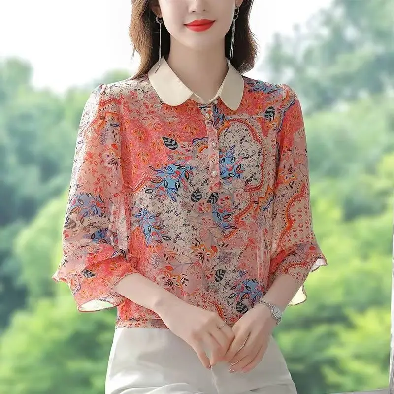 

New Floral Chiffon Shirt Top Women's Spring Polo Collar Three Quarter Sleeves Bottoming Blouse M-5XL