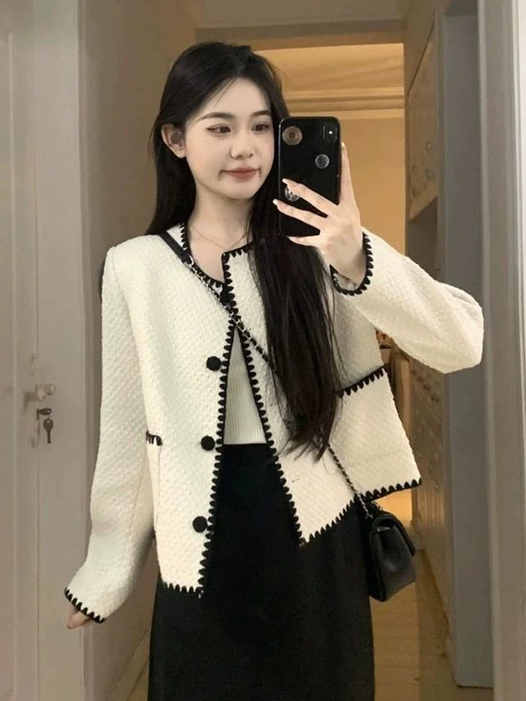 

Милые корейские куртки, женские повседневные элегантные твидовые пальто с длинными рукавами, модные лоскутные женские топы с круглым вырезом, простой дизайн, осень