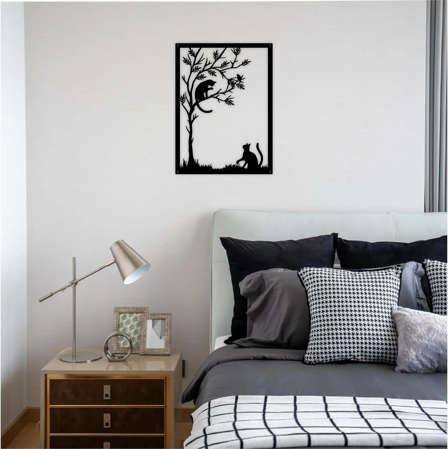 Black Metal Cat Wall Art Animal Leaf Tree Aluminum Sign Hanging Decor Outdoor Garden Gift for Housewarming Cat Lover Plaque