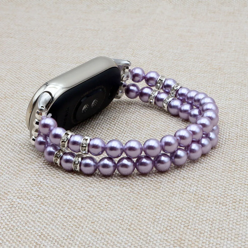 Mi Band 8 Pearl Bracelet for Xiaomi Smart Band 8 / Mi 9 Wristband Women Slim Adjustable Elastic Beaded Strap Classic Purple