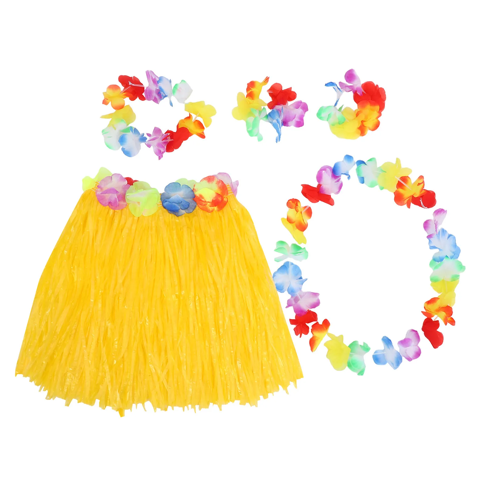 Hawaiian Hula Skirt Set Yellow Simulation Flower Headdress Bracelets Hanging Garland Luau Party Accessories Kids Grass Skirt